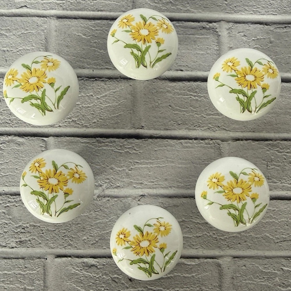 Vtg 6 Ceramic Yellow SunFlowers Drawer Cabinet Knobs Pulls Floral Japan